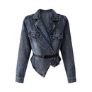 Fall Winter Women Crop Denim Jacket Irregular Design Turn-down Collar Outwear Elegant