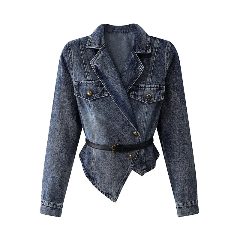 Fall Winter Women Crop Denim Jacket Irregular Design Turn-down Collar Outwear Elegant