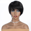 Mannequin head with a black wig on a white background, featuring the brand 'Obroi'.