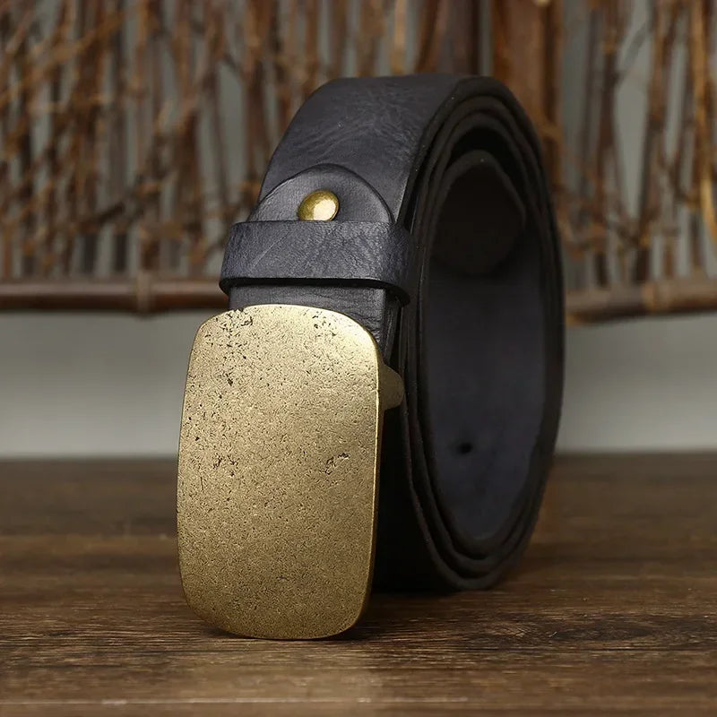 3.7CM Pure Genuine Leather Belts for Men Strap Male Brass Buckle Fancy Jeans Luxury