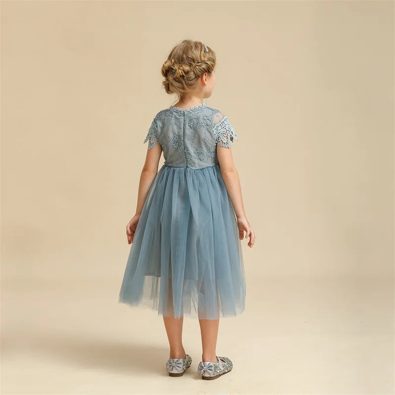 Summer Vintage Lace Tulle Dress Flower Elegant Kids Princess Dresses for Wedding Birthday Party Costume Girl Clothes