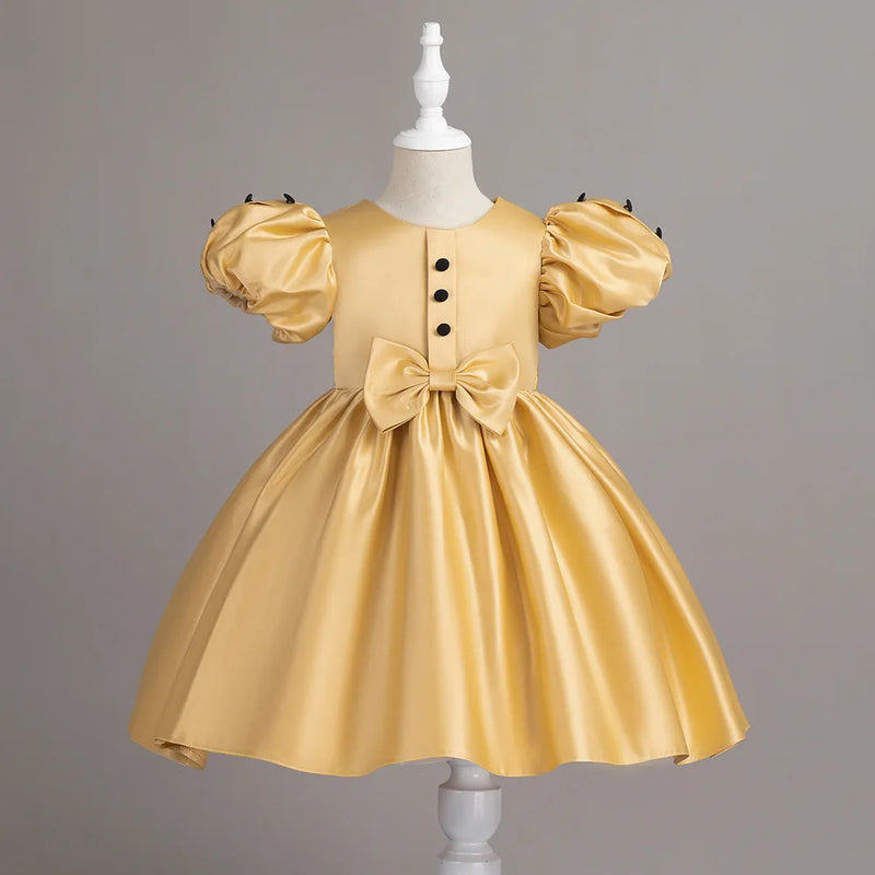 Princess Dress For Girls Button Bowknot Girl Ceremonial Dress Kids Formal Occasion Bridesmaid Gowns