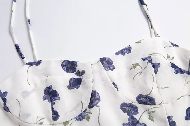 Women Sweet Floral Split Midi Dress French Square Collar Slim Backless Chic Party Dresses
