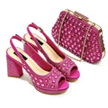 A matching pink embellished evening set featuring a pair of high-heeled slingback sandals and a structured clutch handbag with rhinestone-like embellishments and a gold-tone chain strap, displayed on a clean white background, Obroi