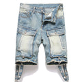 Men Cargo Denim Shorts Summer Punk Rivet Blue Jeans Ripped Hem Knee Length Breeches