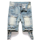 Men Cargo Denim Shorts Summer Punk Rivet Blue Jeans Ripped Hem Knee Length Breeches