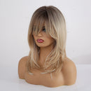 Long Blonde Wavy Wig with Bangs – Dark Roots, Layered Ombre Synthetic Wig for Women
