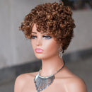 Brown curly wig on a mannequin head with silver jewelry, photographed against a soft gray background, Obroi