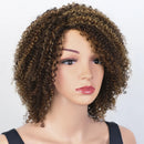 Mannequin head with a curly brown wig on a white background, Obroi