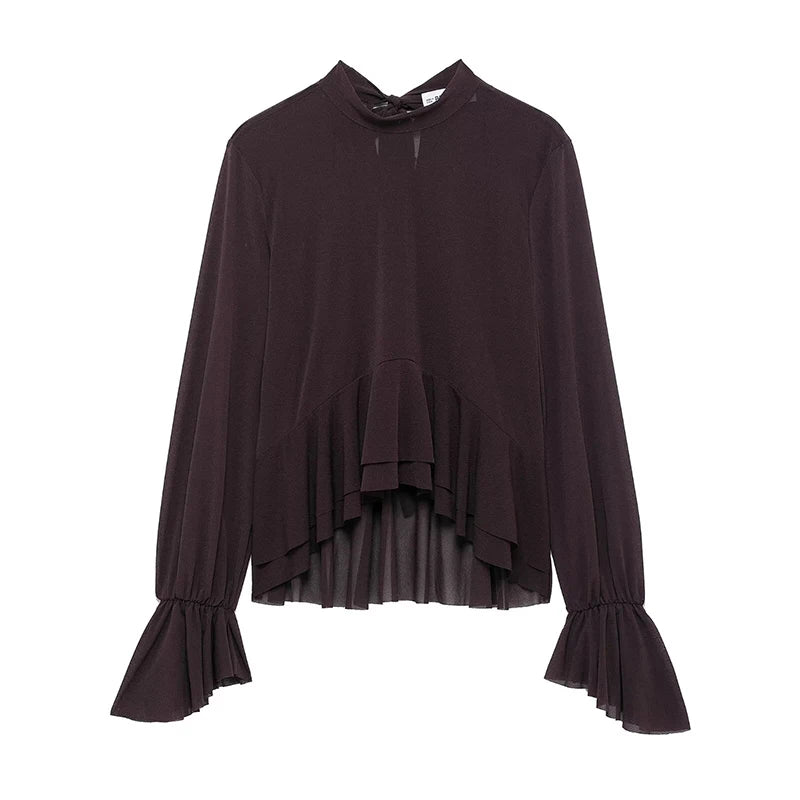 Women Back Bow Lace Up Ruffled Pleated Pullover Blouse Female Chic Lady Shirts