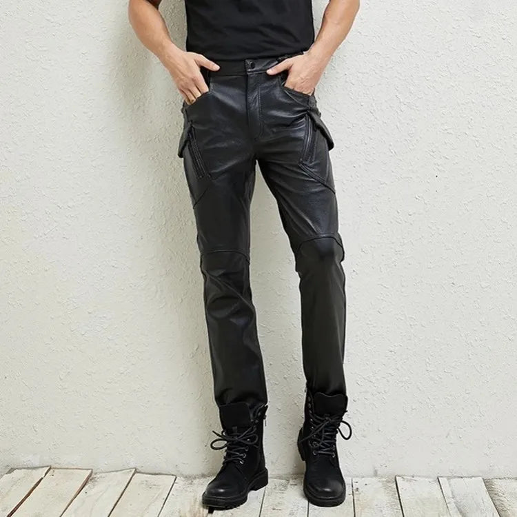 Autumn Mens Motorcycle Riding Windproof Pants Punk Genuine Leather Cargo Pants Long Trousers