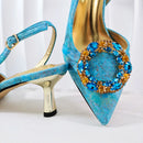 Glitter Rhinestone Ring Handle Evening Clutch And Women Slingback Heels Shoes Set in Sky Blue Color