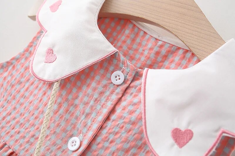 Summer Newborn Dress Doll Collar Cute Princess Beach Flowers Dresses+Bag Little Girls Heart Plaid Clothing
