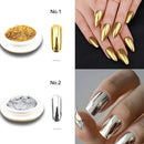 Obroi Gold and silver nail powder with corresponding nail designs on a white background