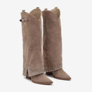 Pair of brown suede knee-high boots with rhinestone detailing on a white background, Obroi