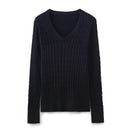 Women Vintage Navy Blue Long Sleeve V Neck Cable Knit Sweater Autumn Pullover Jumper
