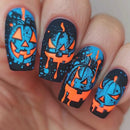 Nails with Halloween-themed design featuring in blue and orange on a black background, Obroi