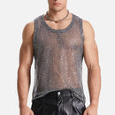 Men Mesh Tank Top Glitter Sheer See Through Vest Fishnet Party Tops Male Tees T Shirts