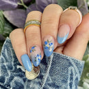 Blue Flowers White French Nail Art Almond False Nails Detachable Finished Fake Nails Press on Nails