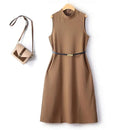 Elegant Women Autumn Sleeveless Hepburn Belt Over The Knee Female Dress