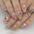 Nails with colorful cartoon designs on a light background, Obroi