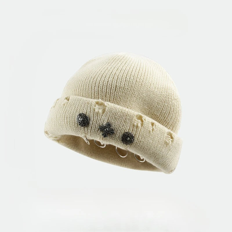 Street hip-hop retro cross ring perforated woolen hat
