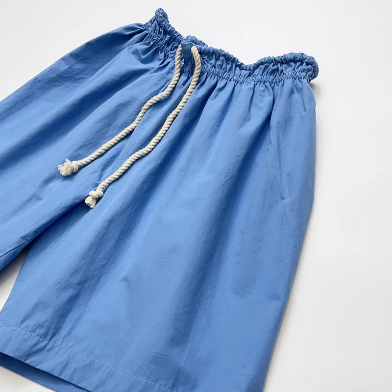 Summer Sports Blue Shorts Elastic Waist Cotton White Shorts for Women