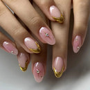 Luxury Gold Metal Line Flower Star Almond False Nails Moon Rhinestone Punk Nail Art Press on Nails