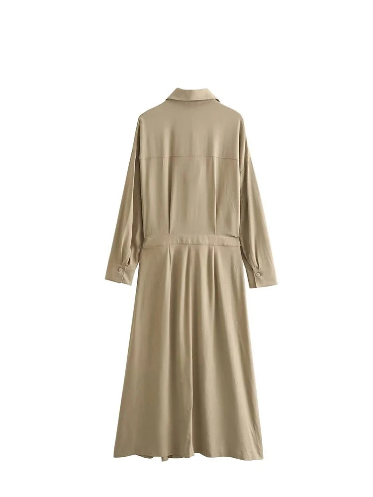 Woman's Spring Long Dress Solid Single Breasted Female Casual Pleated Dress