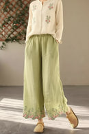 Spring Embroidery Cotton Linen Wide Leg Pants Women Elastic Waist Loose Double Layer Straight Long Pant