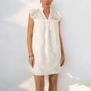 Stand Collar Ruff Sleeve White Lace Dress Women Summer Sweet Elegant Ladies Casual Loose Mini Dresses