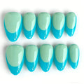 Set of teal and light blue gradient nail tips on a white background, Obroi
