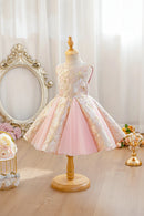 A sleeveless children's party dress displayed on a wooden mannequin, featuring a light pink tulle skirt and a champagne-gold floral brocade bodice, set against a warm, vintage-style background with an ornate mirror, Obroi