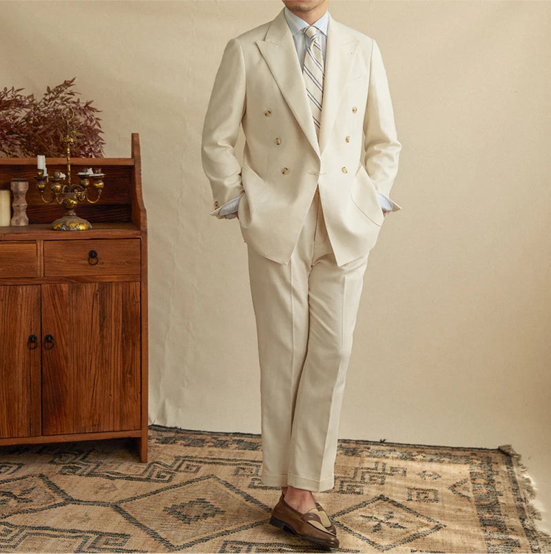 Men Linen Blended Casual Double-breasted Suit Retro Commuter Slim-fit One-suit