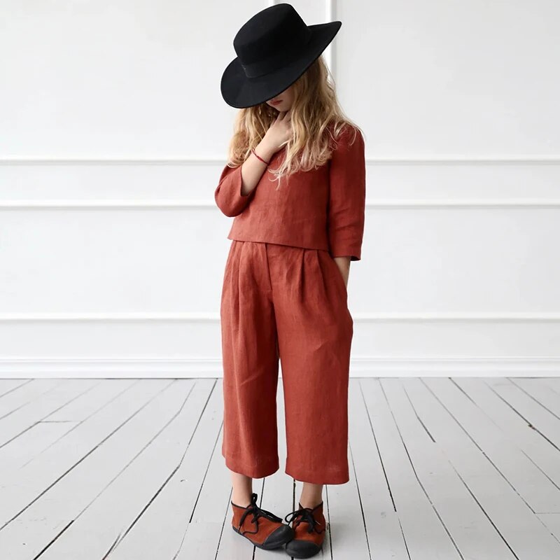 Retro Brick Red Cotton And Linen Girls Suit Spring Summer  Sleeve Tops Straight Pants 2pcs Sets