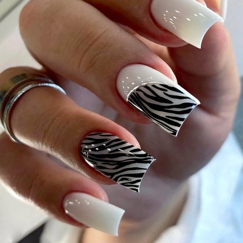 Leaves Nail Art Jade White Square Fake Nails Detachable Finished False Nails Press on Nails