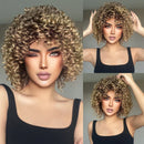 Kinky Curly Wigs Short Bob Golden Brown Afro Wig with Bangs Deep Wave Hair for Black Women
