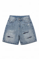Distressed blue denim shorts on a white background, Obroi