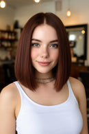 A woman with a shoulder-length straight bob hairstyle in warm medium brown is shown on the left, with two inset views on the right showing the side and top views of the hair against a white background, Obroi