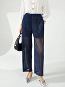 Pleated Stamp Translucent Straight Wide Leg Pants Women Summer Causal Pants