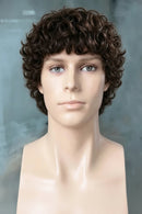 Short curly brown wig displayed on a mannequin head and shoulders against a soft gray background, with a blue Amethyst logo in the upper left corner, Obroi