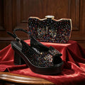 Women's Elegant Black Chunky Heel Platform Peep Toe Slingbacks Sandals & Clutch Bag Set