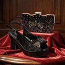 Women's Elegant Black Chunky Heel Platform Peep Toe Slingbacks Sandals & Clutch Bag Set