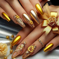 Close-up of hands with gold nail art and decorative elements on a neutral background, Obroi