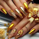 Close-up of hands with gold nail art and decorative elements on a neutral background, Obroi