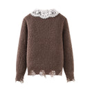 Cardigan Sweaters Women Long Sleeve Knitted Coat Lace Patchwork Design Retro Tops