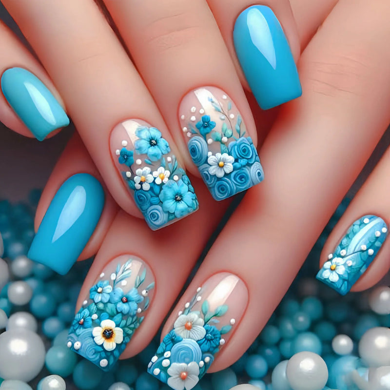 24pcs/set Medium long nails square ballet tips flowers butterfly for spring summer press on false nail
