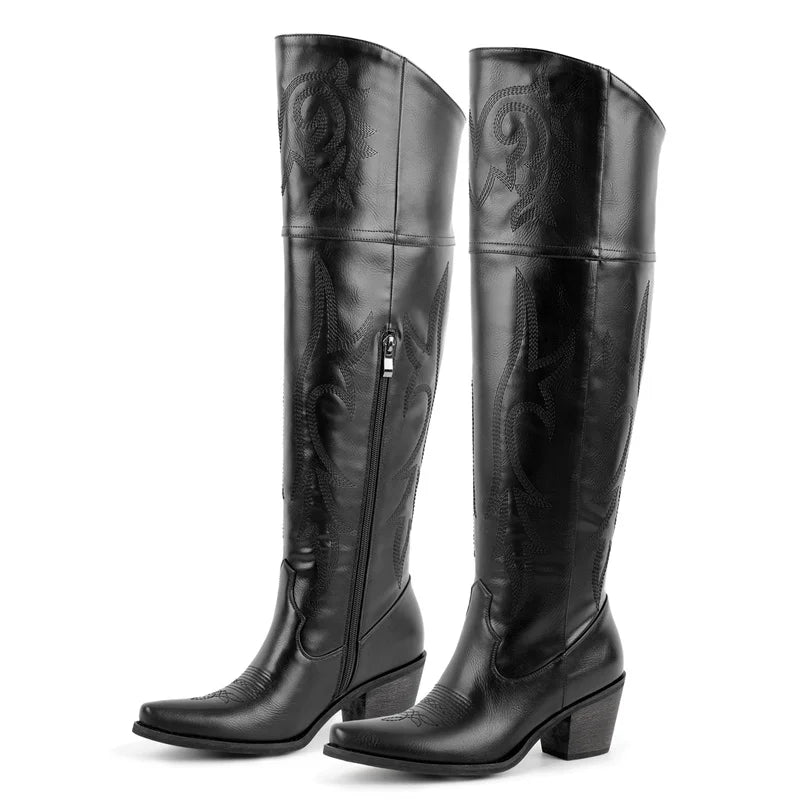 Winter Women Knee High Boots Pointed Toe Pull On Embroidered Thick Heels Boots Zipper
