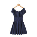Women Vintage Puff Sleeve Square Neck Navy Blue Mini Dress Low Waist Female Cotton Casual Robe