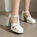 T-Strap Metal Square Buckle Narrow Hollowed Out Women Sandals Platform Heel Sandals